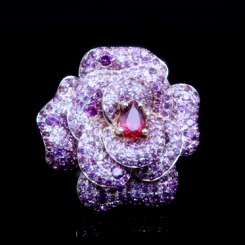 Purple Rose Flame Heart Drop - Flower Design Cocktail Ring